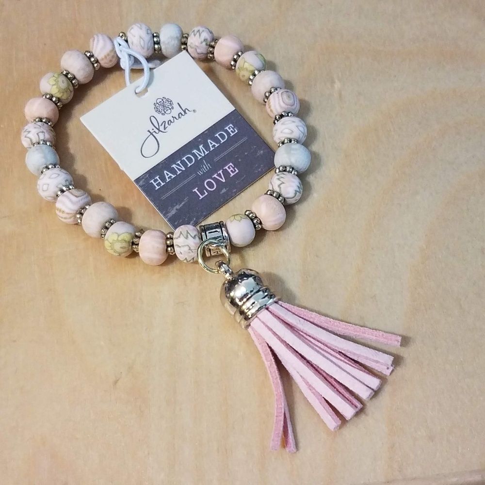 Jilzarah‎ Bella Rosa Pink Tassel Bracelet small 6mm Clay Bead stretch